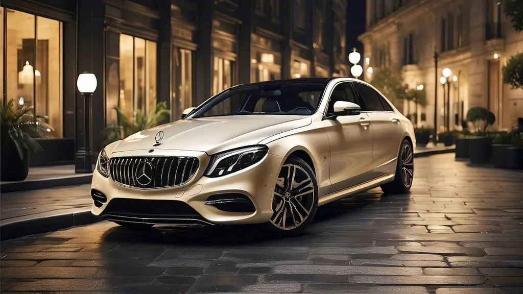 Luksusowy Mercedes-Benz klasy E w perłowym kolorze champagne, zaparkowany na brukowanej ulicy przed elegancką fasadą budynku z oświetlonymi lampami. Samochód prezentuje charakterystyczny grill AMG i sportowe felgi aluminiowe, sfotografowany w wieczornym oświetleniu.