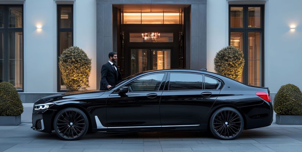 Czarny luksusowy BMW serii 7 zaparkowany przed eleganckim wejściem do budynku z ozdobnymi krzewami bukszpanu. Samochód ma charakterystyczne duże czarne felgi i jest oświetlony ciepłym światłem z wejścia budynku o zmierzchu.