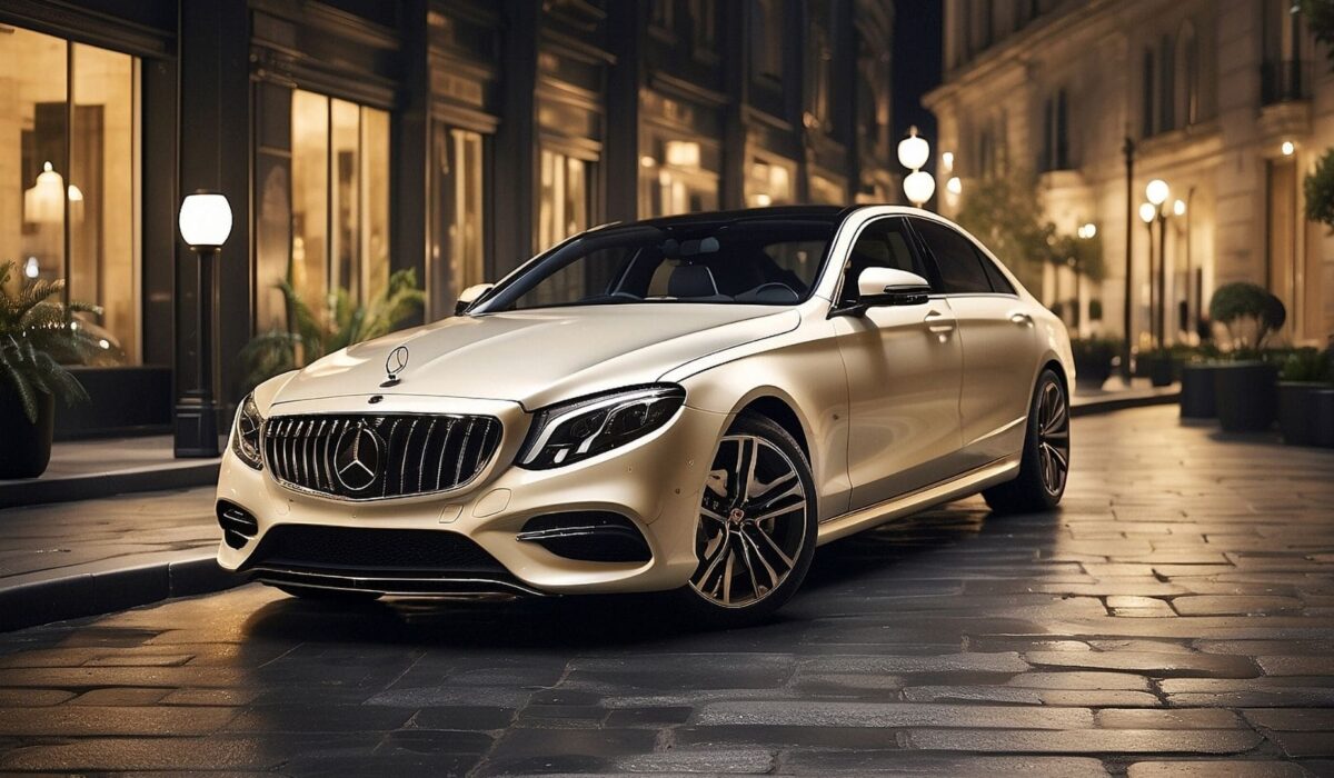 Luksusowy Mercedes-Benz klasy E w perłowym kolorze champagne, zaparkowany na brukowanej ulicy przed elegancką fasadą budynku z oświetlonymi lampami. Samochód prezentuje charakterystyczny grill AMG i sportowe felgi aluminiowe, sfotografowany w wieczornym oświetleniu.