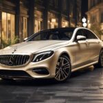 Luksusowy Mercedes-Benz klasy E w perłowym kolorze champagne, zaparkowany na brukowanej ulicy przed elegancką fasadą budynku z oświetlonymi lampami. Samochód prezentuje charakterystyczny grill AMG i sportowe felgi aluminiowe, sfotografowany w wieczornym oświetleniu.