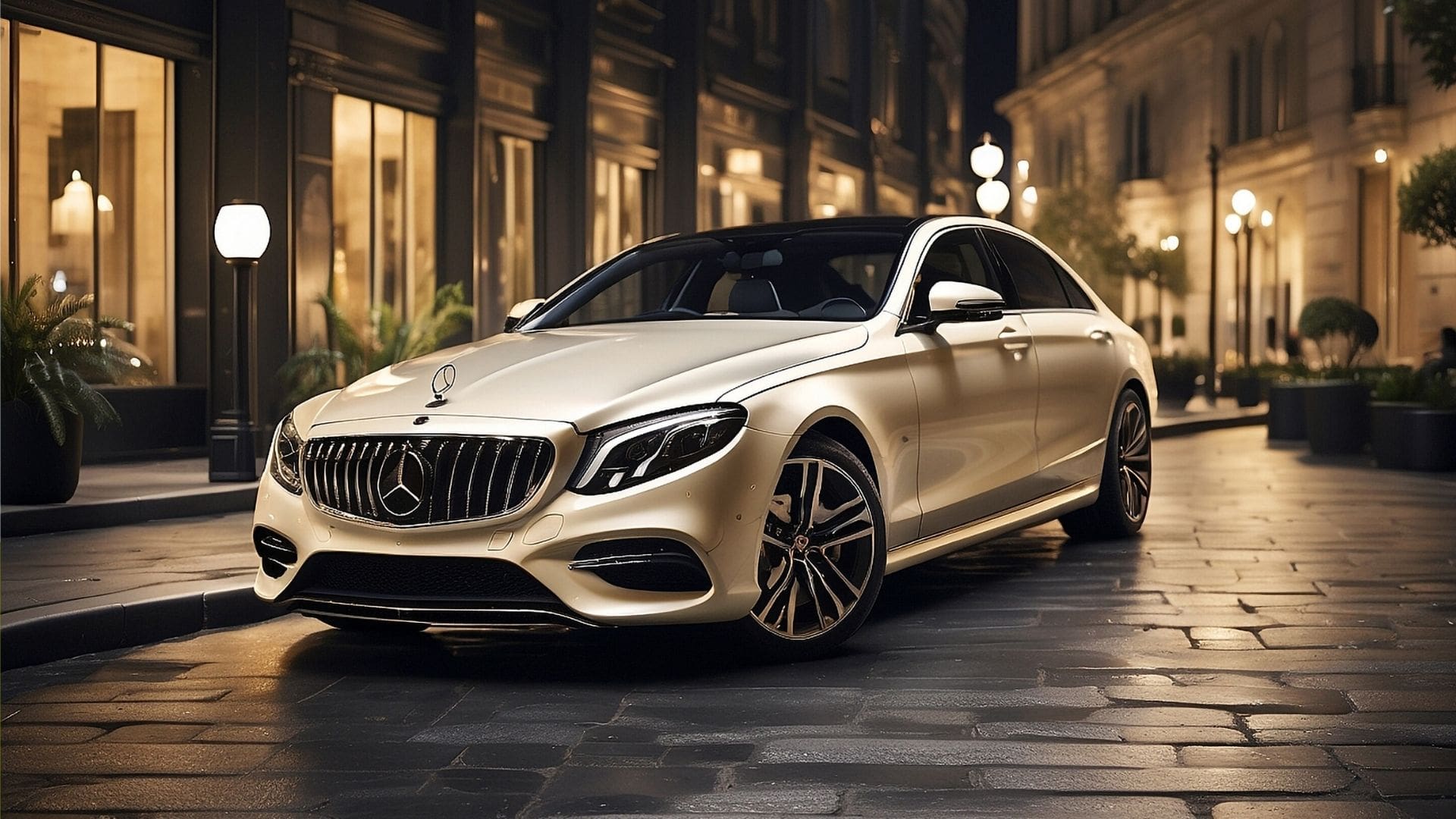 Luksusowy Mercedes-Benz klasy E w perłowym kolorze champagne, zaparkowany na brukowanej ulicy przed elegancką fasadą budynku z oświetlonymi lampami. Samochód prezentuje charakterystyczny grill AMG i sportowe felgi aluminiowe, sfotografowany w wieczornym oświetleniu.
